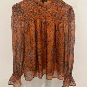 Orange Smocked Long Sleeve Blouse